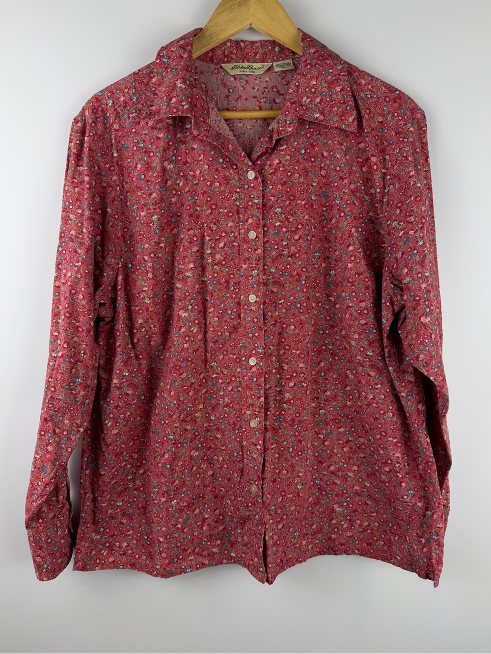 Eddie Bauer Red Floral Print Button Down Shirt Ditsy Cottagecore 100% Cotton XL